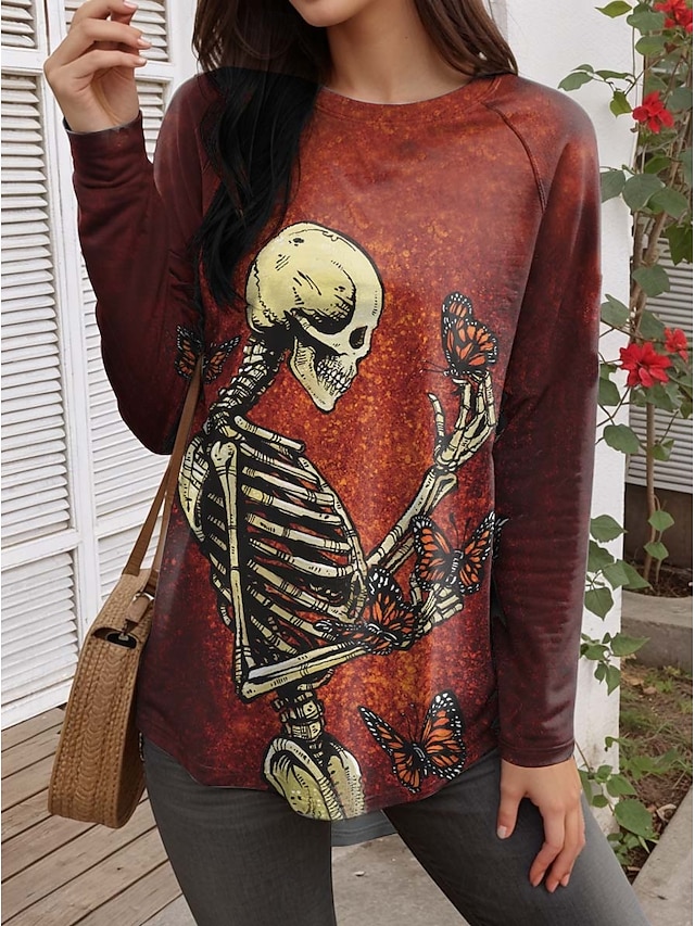  Halloween Femmes T-shirt Tribal ancien Élégant Classique manche longue Col ras du cou Col rond Hauts Réguliers Quotidien Imprimé Rouge Printemps, Automne, Hiver, Été