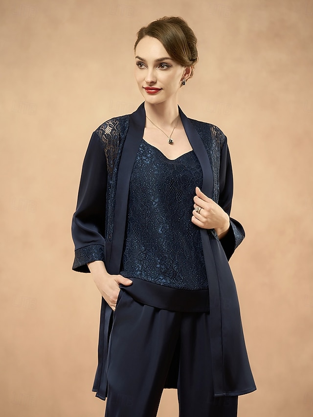  Dámská přehozová bunda s krajkou, elegantní, módní, formální, formální, svatební, večírek, večírek, otevřený střih, dlouhá, bez límce, volný střih, 3/4 rukávy, svrchní oblečení, tmavě modrá, léto,