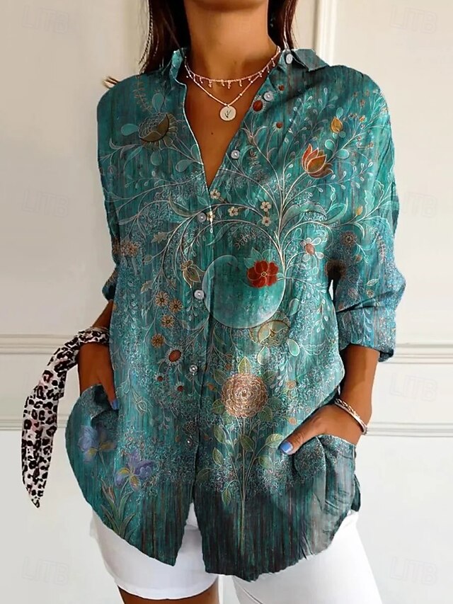 Women's Shirt Button Down Tunic Shirt Collar Long Sleeve Floral Graphic Vintage Tropical Daily Regular Tops Work Daily Holiday s Print Blue Orange Green Spring4