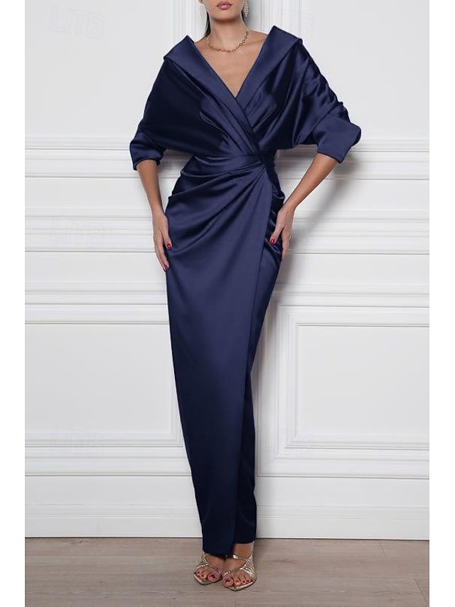  Abito da sposa a sirena/tromba, elegante, semplice e minimalista, con scollo a V, colletto a trapezio, lunghezza al pavimento, in raso elasticizzato, mezza manica, con dettagli arricciati e spacco