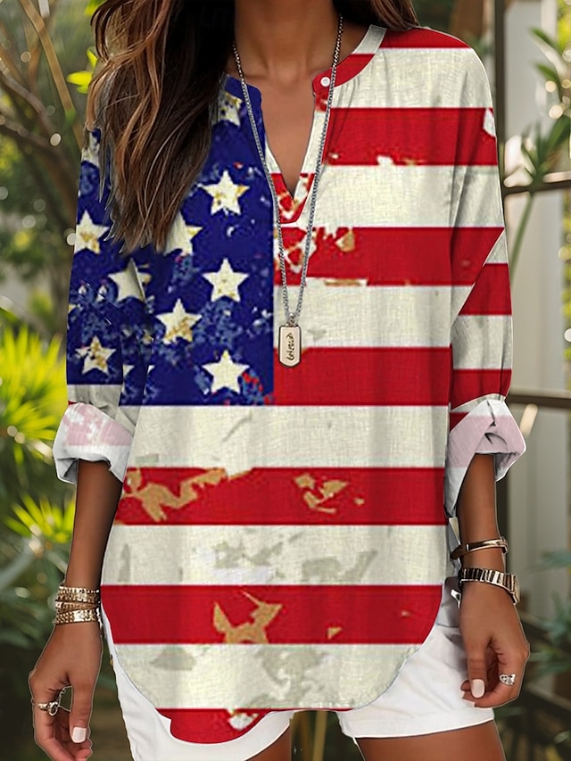  Unabhängigkeitstag Damen Patriotisches Vierteljuli Bluse Grafik Flagge Stylisch Modern Lässig Langarm V-Ausschnitt Reguläre Oberteile Täglich Feiertagsdruck Schwarz Weinrot Blau Staubiges Blau Sommer