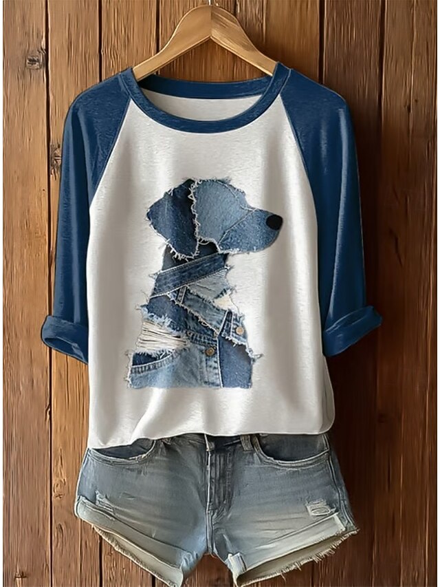 Women's T Shirt Graphic Animal Dog Vintage Stylish Classic Long Sleeve Crew Neck Long Tops Daily Print Blue Light Blue Summer Spring3