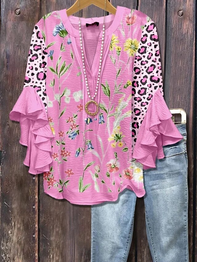 Women's Shirt Floral Paisley Ethnic 3/4 Length Sleeve V Neck Regular Tops Daily Holiday Ruffle Print Pink Wine Summer4