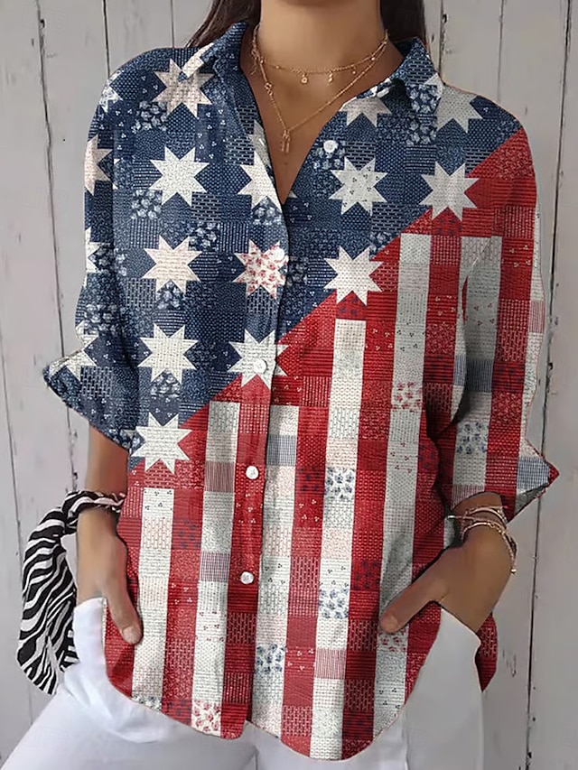 Amerikaanse onafhankelijkheidsdag Dames Overhemd Grafisch Vlag Dagelijks Stijlvol Casual Lange mouw Overhemdkraag Normale tops Dagelijks Feestdagen Knop Afdrukken Wijn Rood blauw Zomer Lente