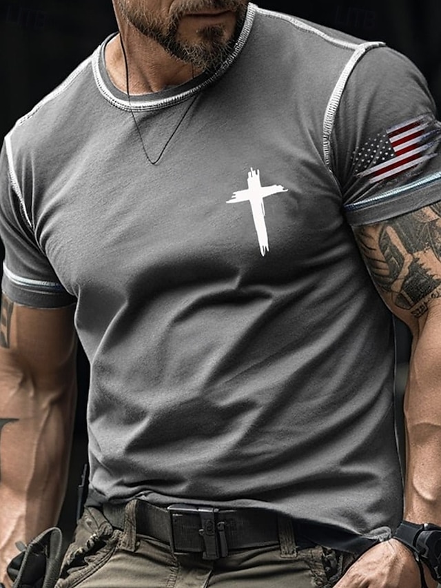 Bărbați Tricou Tricouri Cămașă cu mânecă scurtă Tee Top Manșon scurt Stil Nautic Vară Drapelul SUA american Σταυρός Modă Designer De Bază Imprimeu Vacanță Stradă Ieșire Negru Rosu Portocaliu Top