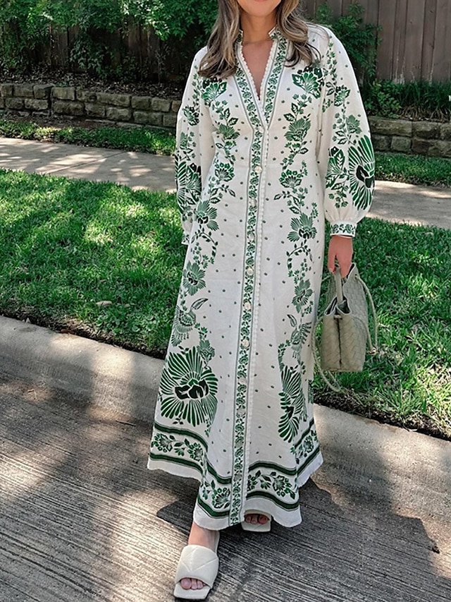  Pentru femei Rochie Lunga Rochie Maxi Rochie imprimata Modă Modern Manșon de lanternă În aer liber Vacanță Ieșire Fit regulat Floare Manșon Lung În V Albastru piscină Trifoi Toamnă