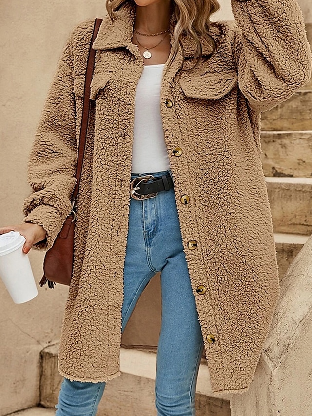  Dames Jas Houd Warm Comfortabel Zak Knop Buiten Casual Effen Buiten Straat Dagelijks Feestdagen Enkele rij knopen Lang Strijkijzer Normale pasvorm Lange mouw bovenkleding Wit Khaki Abrikoos Herfst