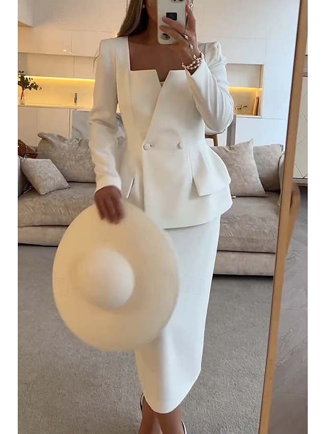  To Deler Havfrue  Trompet Mor til Bruden Kjole Elegant Peplum Kjole Sett Enkel Minimalist Firkantet Hals Te Lengde Krepp Stretch Stoff Lange Ermer med Ensfarget