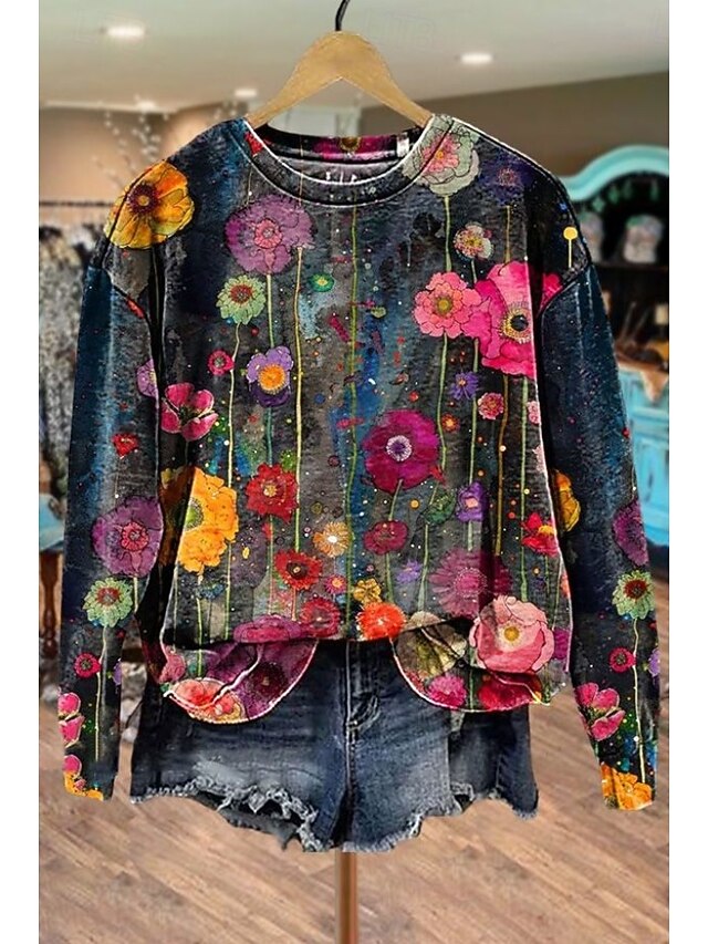 Women's Elegant Floral Sweater - Crew Neck Long Sleeve Casual Pullover