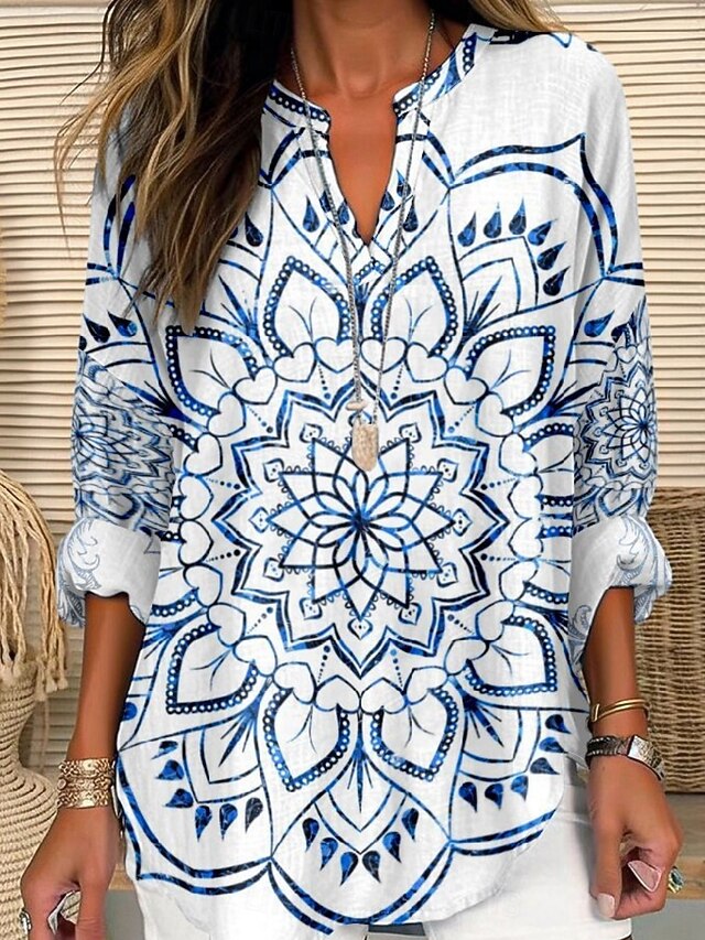 Women's Shirt Floral Stylish Modern Long Sleeve V Neck Regular Tops Daily Holiday Buttons Print White Blue Summer4