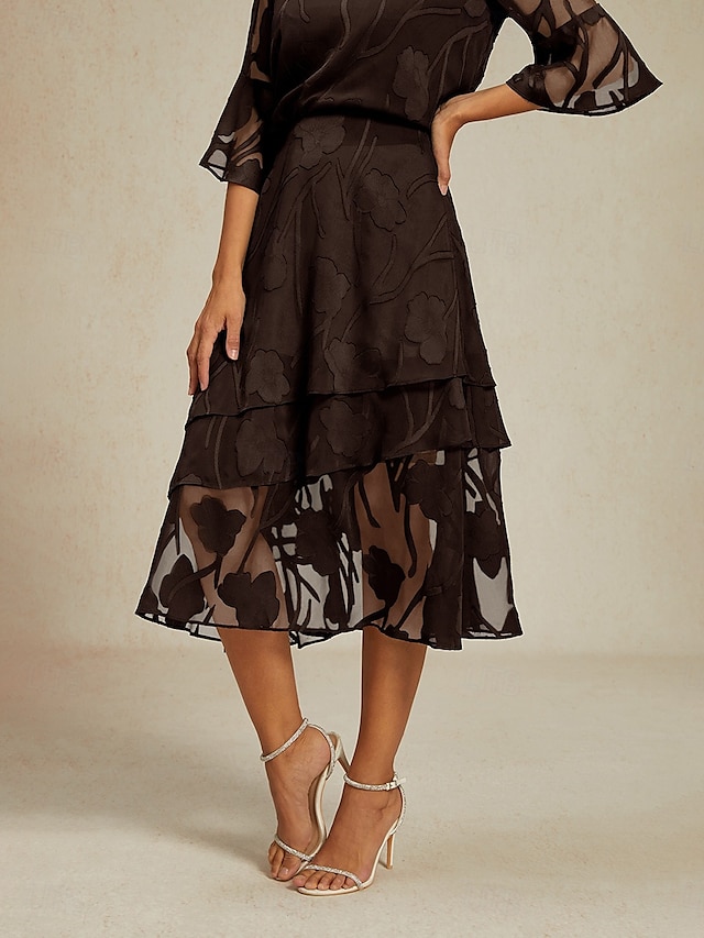  Damen Rock Elegant Midi Mittlere Taille Röcke Blumenmuster Geschichtet Unelastisch Party Lässig Braun Sommer Chiffon