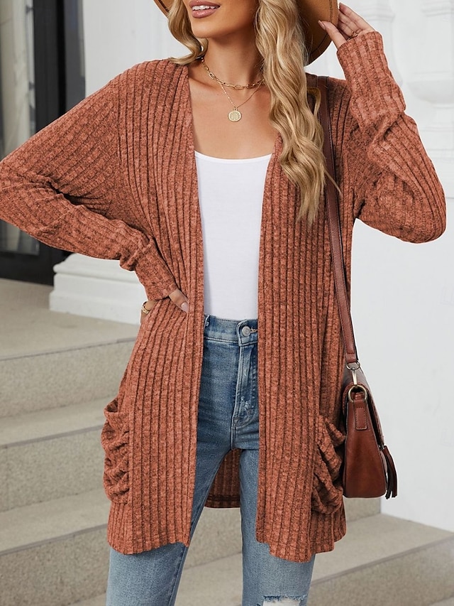  Dame Bluse Cardigan Elegant Mode Gade Ren farve Åben Front Lomme Strikket Langærmet Almindelige toppe Strikke udendørs Daglig Weekend Lyserød Blå Efterår Vinter