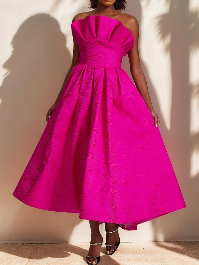  Abiti da cocktail a trapezio con volant, eleganti, formali, semiformali, da sposa, lunghezza tè, midi, senza maniche, senza spalline, in raso, con tasche, 2025