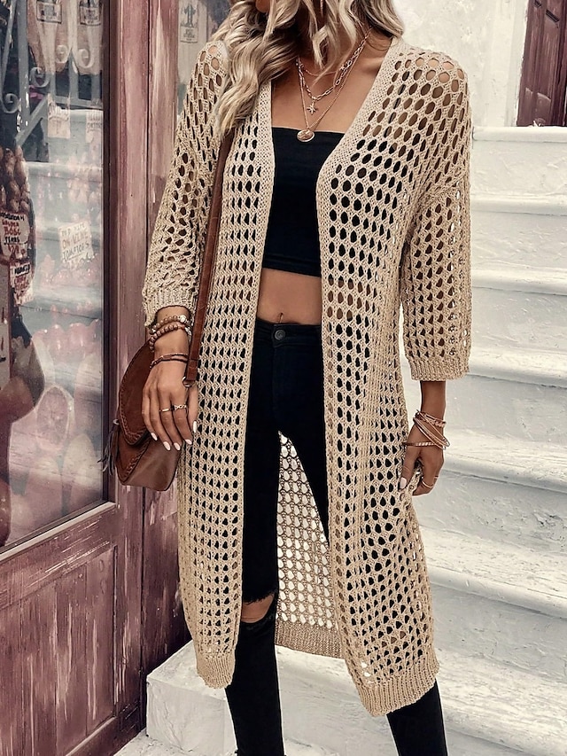  Femmes Veste Décontractée Respirant Confortable Découpé Occasionnel Uni Vacances Rue Occasionnel Tenue quotidienne Ouvert devant Long Sans Col Coupe régulière Manche 3/4 Vêtements d'extérieur Noir