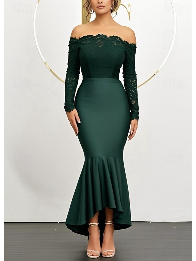  Abiti da ospite di matrimonio sirena  tromba abito elegante da ospite di matrimonio impegno asimmetrico maniche lunghe spalle scoperte in pizzo con volant