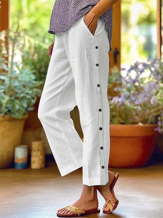  Femmes Pantalon en coton et lin Pantacourt Mode Occasionnel Longueur cheville Taille Moyenne Uni Taille Élastique Respirant Confortable Rue Tenue quotidienne Sortir Noir Blanche bleu marine Bleu Ciel