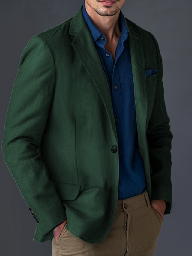  Herre Blazer i lin Sport Coat Halskrage Mote Fritid Ensfarget Blazer i lin Blå Militærgrønn Standard passform Enkelt Brystet Enn-knapp