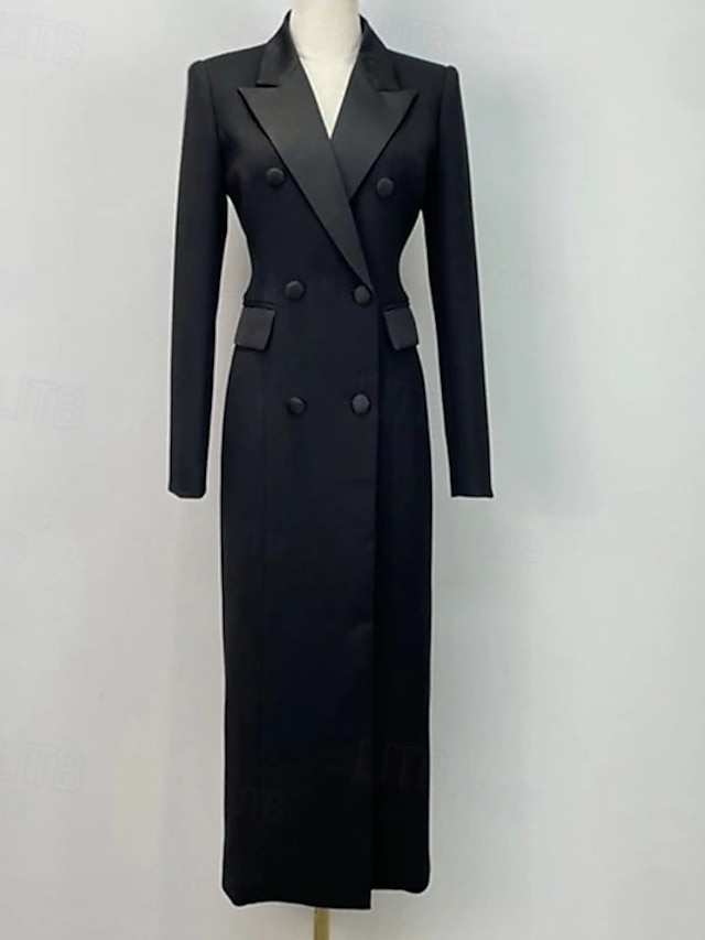 Smokingkleid Mantel Formell Hochzeitsgast Formeller Abend Satin Elegant Langarm Knöchellänge Hemdkragen Doppelreihig