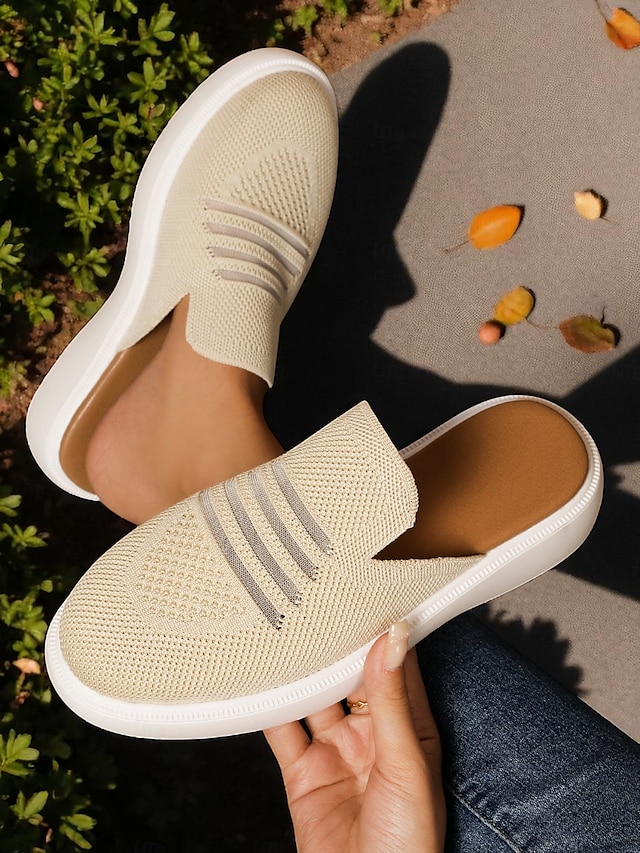  Women's Beige Flyknit Slip-On Mules– Lightweight Breathable Walking Shoes for Park Strolls, Travel & Autumn Errands