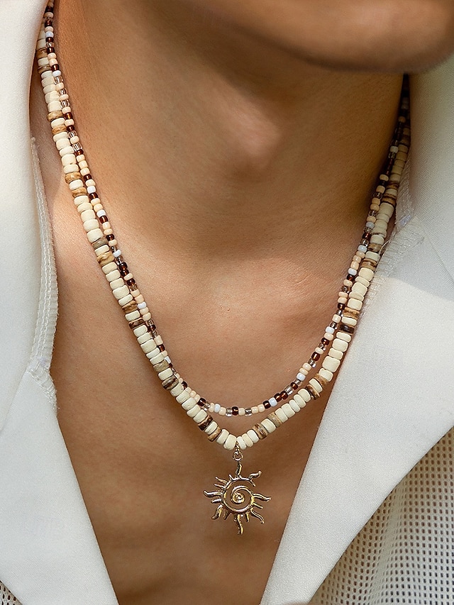  Men's Tribal Beaded Sun Pendant Necklace – Retro Bohemian Layered Jewelry with Adjustable Length for Beach, Festival and Casual Summer Outfits