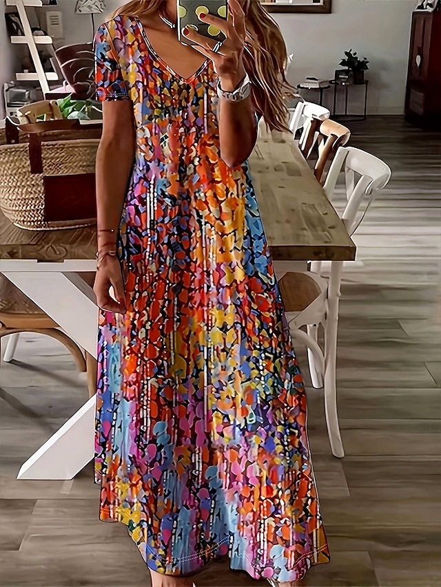  Damen Maxikleid Freizeitkleid A Linie Kleid Sommerkleid Elegant Urlaub Lässig Normale Passform Blumen Grafik Abstrakt Kurzarm U-Ausschnitt Rote Leicht Braun Sommer Frühling Herbst