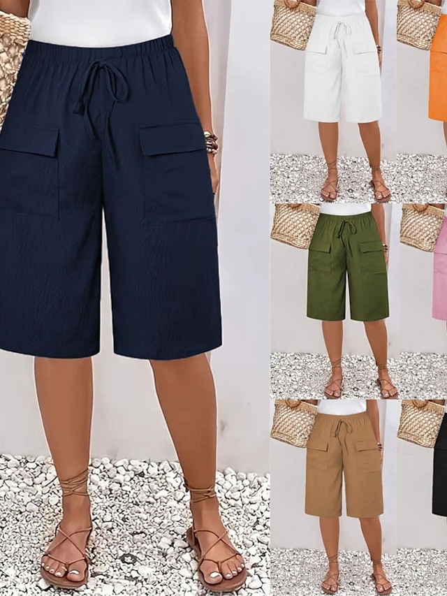  Dame kinesisk Shorts Grunnleggende Fritid Knelengde Høy Midje عادي Elastisk midje comfy Myk Bekvem Mikroelastisk utendørs Gate Svart Oransje Grønn Kakifarget Sommer Vår Normal