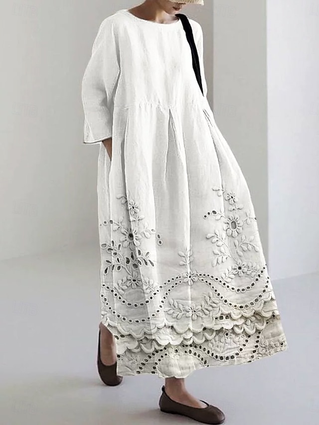  Damen Midikleid Sommerkleid A Linie Kleid Urlaub Lässig Strand Ferien Lässiger Schnitt Blumen Grafik Langarm Rundhalsausschnitt U-Boot-Ausschnitt Weiß Sahne Rosa Khaki Sommer Frühling Herbst