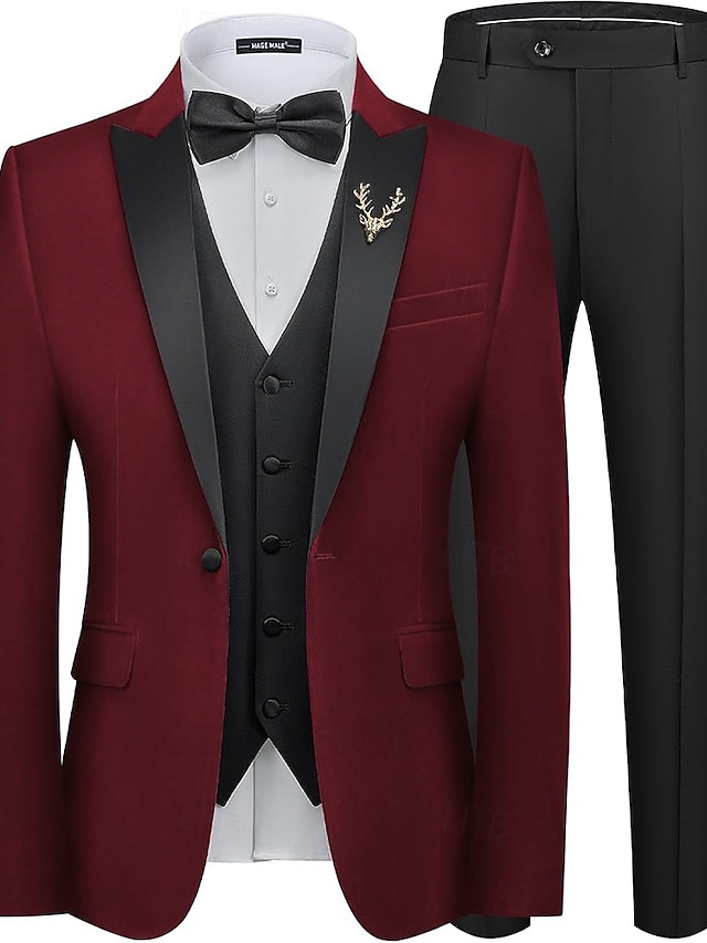  Completi da matrimonio da uomo Completi di ritorno a casa Tuxedo Borgogna Moda Formale a tinta unita Fit standard 3 Pezzi Monopetto Due bottoni