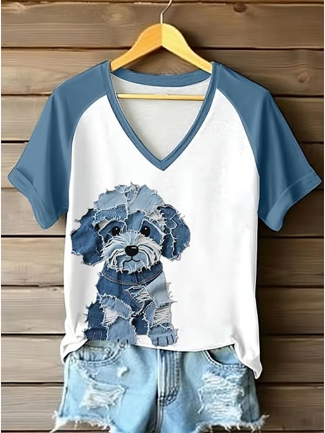  Femmes Chemise en coton Animal Chien ancien Tropical Élégant Sans manches Manche Courte Col en V Hauts Réguliers Quotidien Sortir Tenues mignonnes Imprimé Noir Rose Claire Bleu Vert Gris Clair Ét