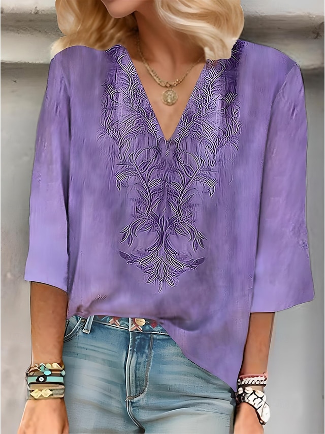  Mujer Blusa Floral Graphic Elegante Casual Estilo playero Manga 3/4 Escote en Pico Tops regulares Diario Festivos Noche Frunce Bordado Estampado Rosa Morado Verde Trébol Verano Primavera