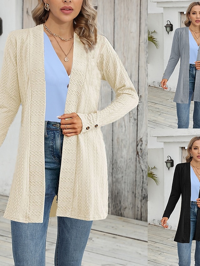  Women's Casual Jacket Breathable Comfortable Buttons Casual Plain Vacation Street Casual Daily Wear Single Breasted Regular Collarless Regular Fit Long Sleeve Outerwear Black Apricot Gray Fall Winter