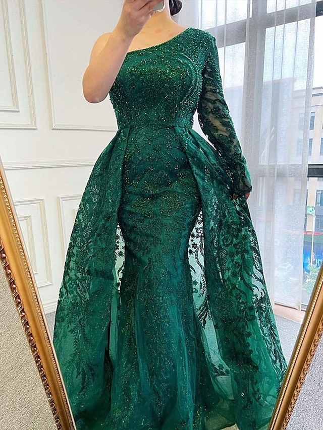  A-Linie Abendkleid Elegant Kleid Formell Hochzeit Bodenlang Langarm Ein-Schulter Spitze mit Paillette 2025