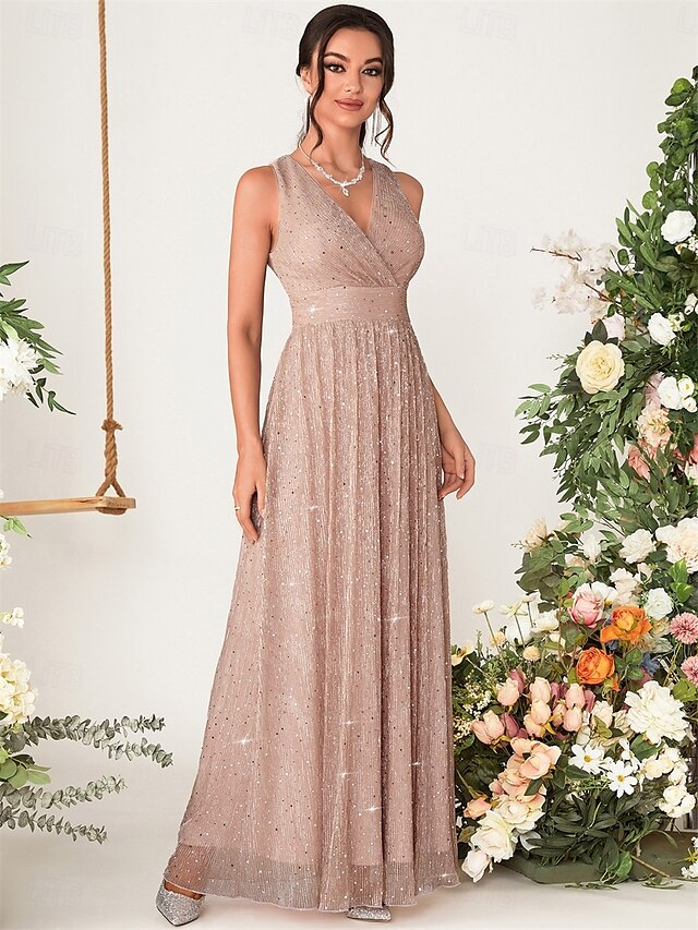  A-Linie Brudepige Kjole V Uden Ærmer Elegant Gulvlængde Chiffon med Pailletter