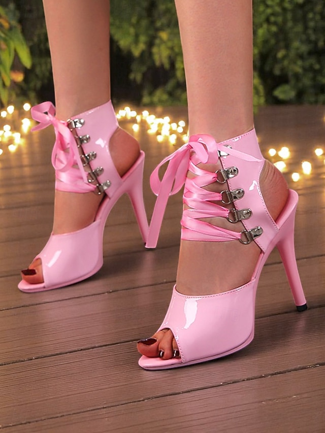  женские черные лакированные босоножки на шпильке со шнуровкой - сексуальные вырезы на высоком каблуке с пряжками для ночных клубов и вечеринок на крыше