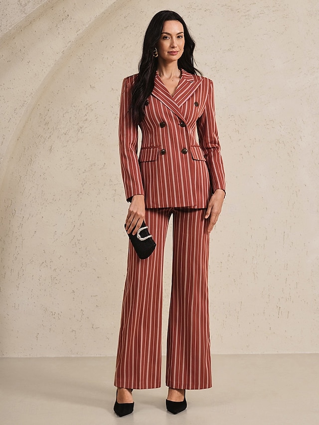  Blazer à fines rayures, tailleur-pantalon deux pièces, costume pour la mère de la mariée, classique, vintage, simple, col en V, revers en pointe, longueur au sol, manches longues avec rabats, 2025
