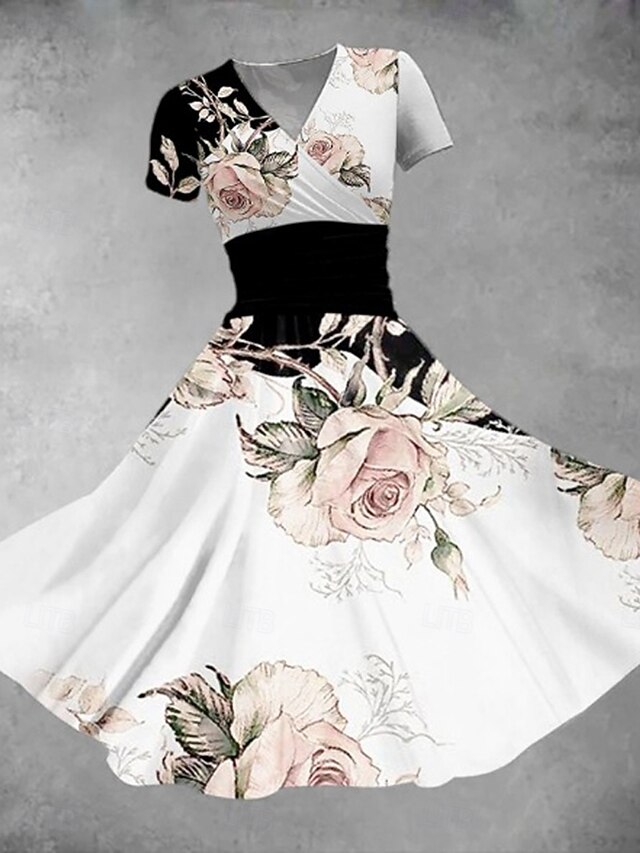 Women's Midi Dress A Line Dress Summer Dress Fit And Flare Dress Party Casual Daily Holiday Regular Fit Floral Graphic Short Sleeve V Neck Black White Orange Summer4