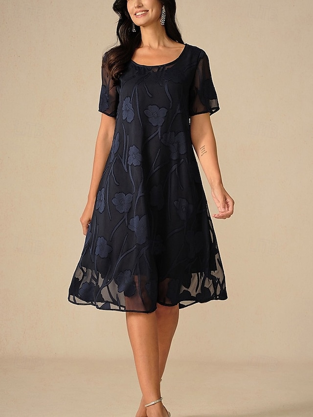  Dame Knelang kjole Chiffonkjoler Elegant Fritid Løstsittende Blomstret Kortermet Crew-hals Navyblå Sommer