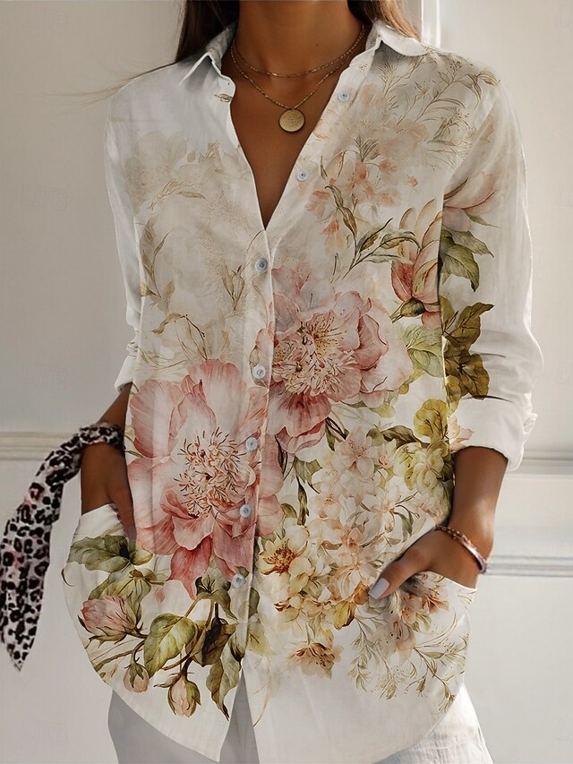 Women's Shirt Floral Active Daily Stylish Long Sleeve Shirt Collar Regular Tops Daily Holiday Buttons Print Khaki Spring Fall4