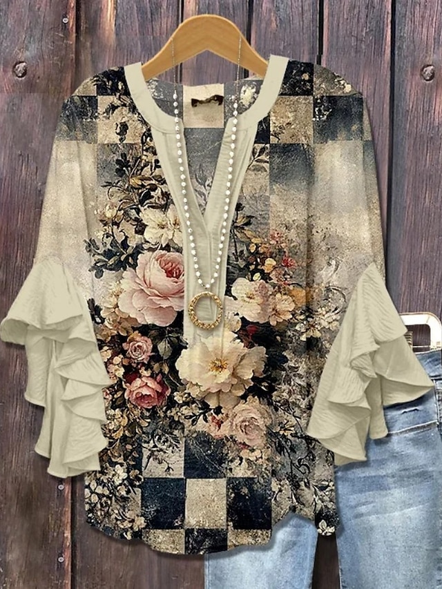  Damen Bluse Blumen Grafik Gestreift Elegant Bohemien Ethnisch Dreiviertelarm V Ausschnitt Normale Oberteile Täglich Ferien Urlaubskleidung Rüsche Druck Rosa Blau Staubiges Blau Grün Khaki Sommer