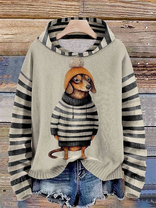  Naisten Pullover-huppari Koira Raidoitettu Vapaa-aika Pitkähihainen Hupullinen Tavalliset topit Katu Arkikäyttö Musta Rubiini Sininen Oranssi Apila Syksy Talvi