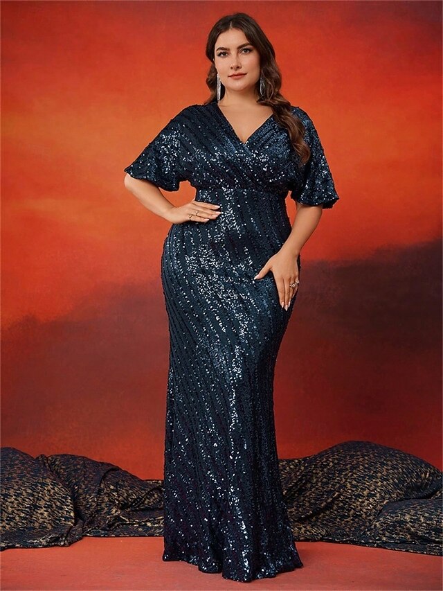 Mermaid Jersey Trumpet Sleeves Dresses Ocean Blue Plus Size