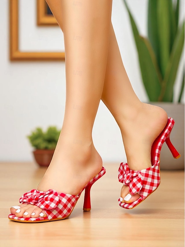  Women's Gingham Bow Heeled Mules - Vintage Open Toe Slip-On Sandals for Casual Dates and Summer Outings
