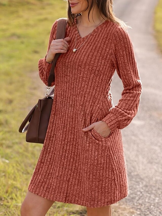  Per donna Mini Abito Abito in maglia Casual Casuale Vestibilità regolare Semplice Manica Lunga Scollo a V Nero Marrone Verde Grigio Autunno Inverno