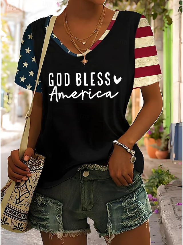  Independence Day Women's Patriotic Fourth of July T Shirt Graphic American Flag Vintage Stylish Classic Short Sleeve V Neck Regular Tops Daily Weekend Print Black Blue Green Gray Summer Spring