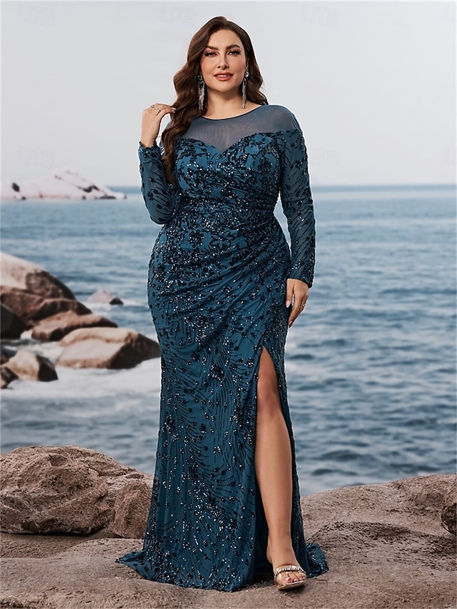  Meerjungfrau  Trompeten Plus Size Kleider ElegantesKurvenkleid Formal Hochzeit Bodenlang Lange Ärmel Rundhals Polyester mit Schlitz