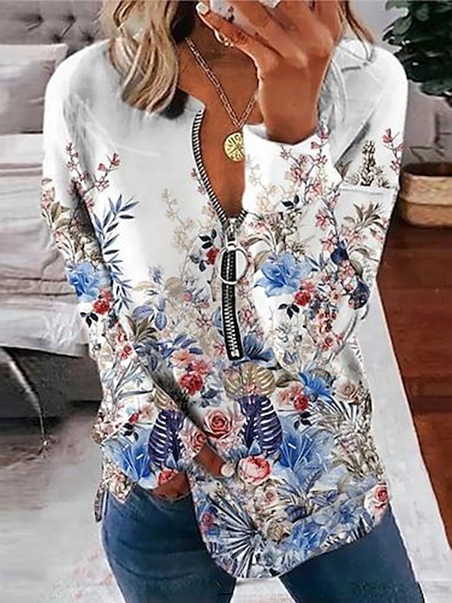  Dam Blus Blommig Dagligen Stylish Långärmad Rund hals Vanliga toppar Dagligen Utekväll Mönster Fjärdedels blixtlås Vit Vår Höst