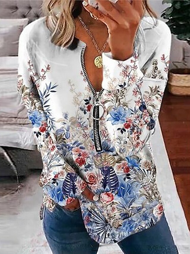 Women's Blouse Floral Daily Stylish Long Sleeve Crew Neck Regular Tops Daily Going out Print Quarter Zip White Spring Fall4
