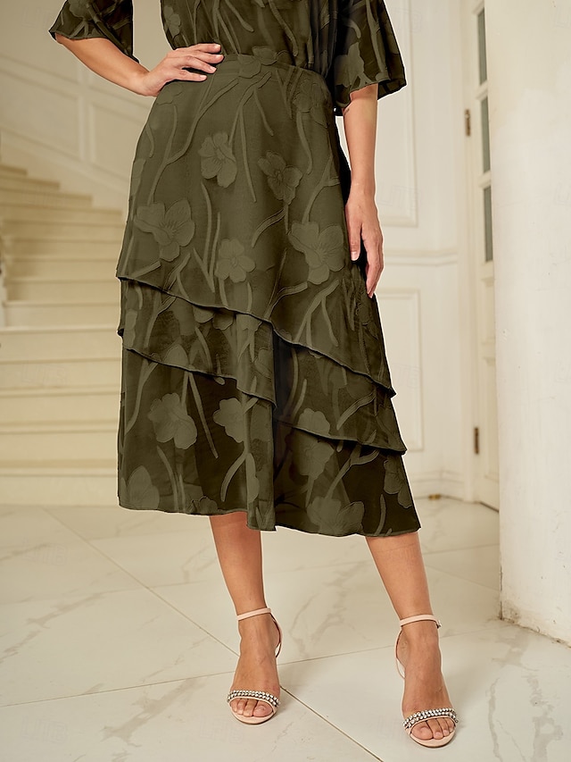  Dame الالتفاف Elegant Midi Medium Midje Skjørt Blomster Multi Layer Uelastisk Fest Avslappet Oliven Sommer Chiffon