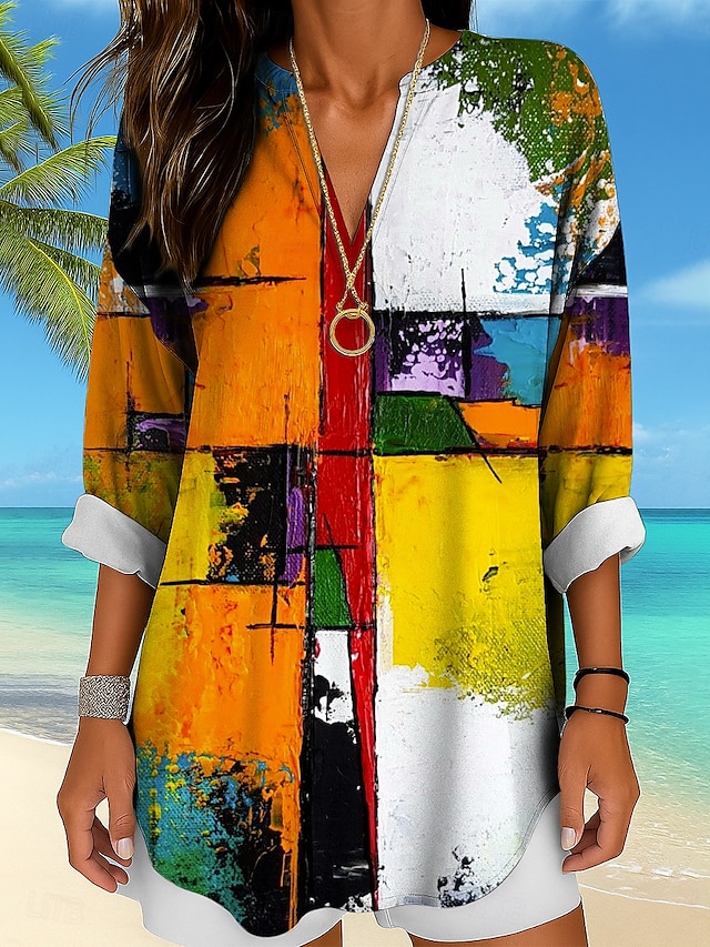  Femmes Chemisier Graphique Géométrique Abstrait ancien Tropical Hawaïen manche longue Col en V Hauts Réguliers Quotidien Fête Tenue de plage Imprimé Jaune Rouge Bleu Violet Vert Été Printemps