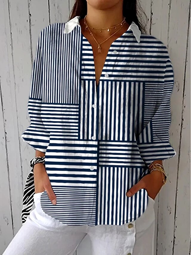 Women's Shirt Button Down Tunic Shirt Collar Long Sleeve Graphic Geometric Striped Vintage Tropical Daily Regular Tops Work Daily Holiday s Print Navy Blue Spring Fall4